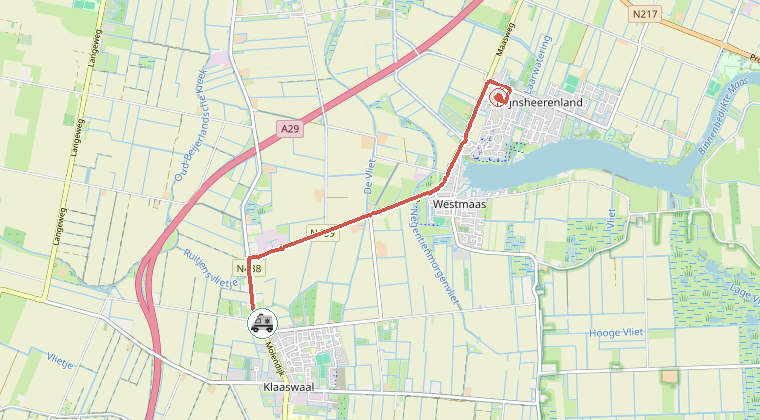 Kaart van de omgeving van de melding, met de kazerne die is gealarmeerd