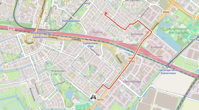 Kaart van de omgeving van de melding, met de kazerne die is gealarmeerd