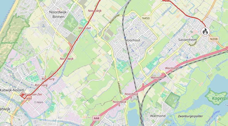 Kaart van de omgeving van de melding, met de kazerne die is gealarmeerd