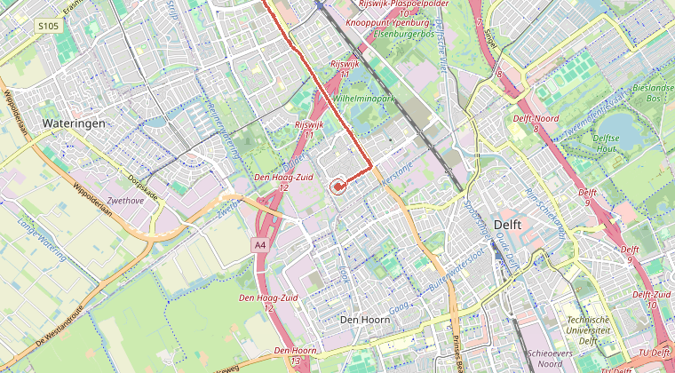 Kaart van de omgeving van de melding, met de kazerne die is gealarmeerd