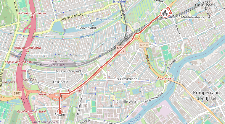 Kaart van de omgeving van de melding, met de kazerne die is gealarmeerd