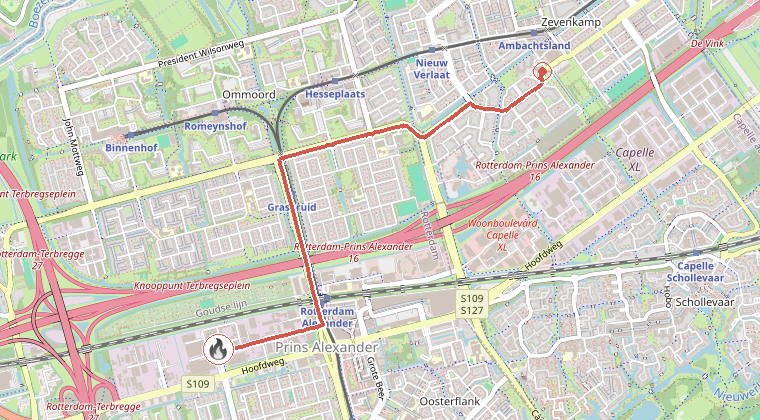 Kaart van de omgeving van de melding, met de kazerne die is gealarmeerd