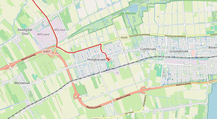 Kaart van de omgeving van de melding, met de kazerne die is gealarmeerd