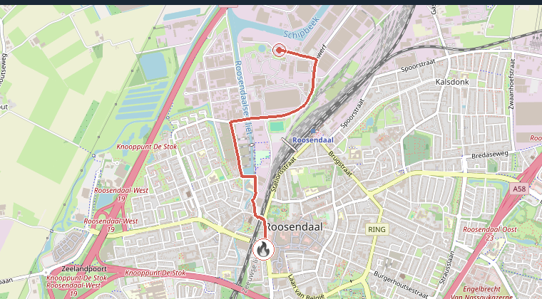 Kaart van de omgeving van de melding, met de kazerne die is gealarmeerd