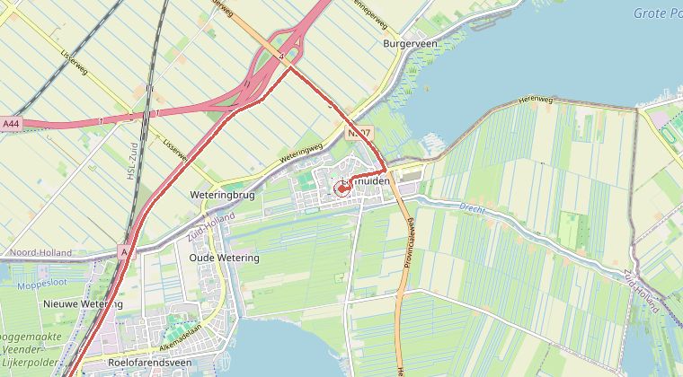 Kaart van de omgeving van de melding, met de kazerne die is gealarmeerd