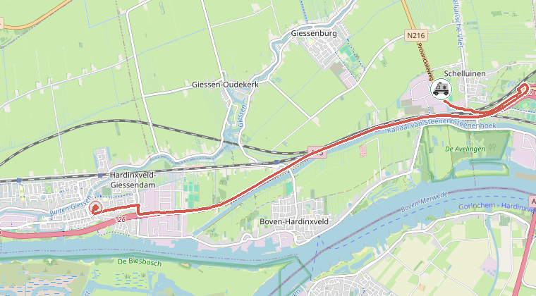 Kaart van de omgeving van de melding, met de kazerne die is gealarmeerd