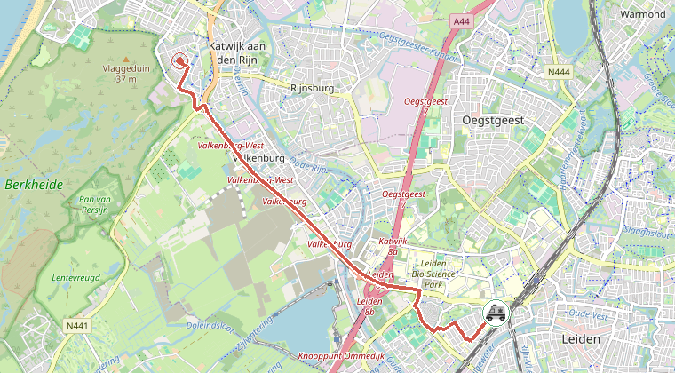 Kaart van de omgeving van de melding, met de kazerne die is gealarmeerd