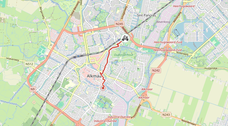 Kaart van de omgeving van de melding, met de kazerne die is gealarmeerd