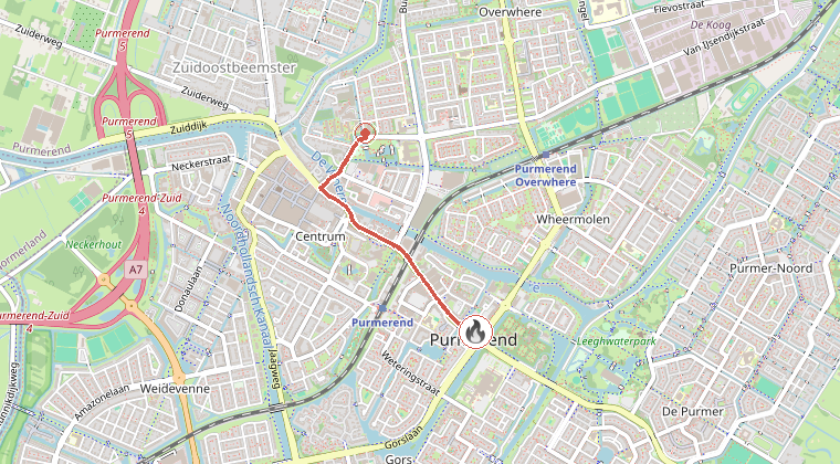 Kaart van de omgeving van de melding, met de kazerne die is gealarmeerd