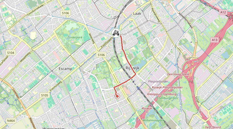 Kaart van de omgeving van de melding, met de kazerne die is gealarmeerd