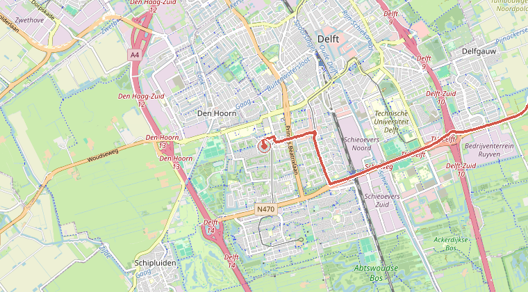 Kaart van de omgeving van de melding, met de kazerne die is gealarmeerd