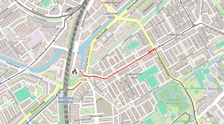 Kaart van de omgeving van de melding, met de kazerne die is gealarmeerd