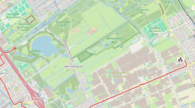 Kaart van de omgeving van de melding, met de kazerne die is gealarmeerd