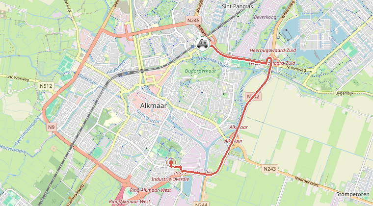 Kaart van de omgeving van de melding, met de kazerne die is gealarmeerd