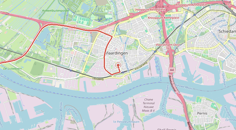 Kaart van de omgeving van de melding, met de kazerne die is gealarmeerd