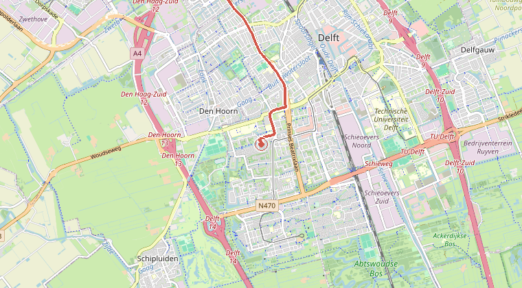 Kaart van de omgeving van de melding, met de kazerne die is gealarmeerd