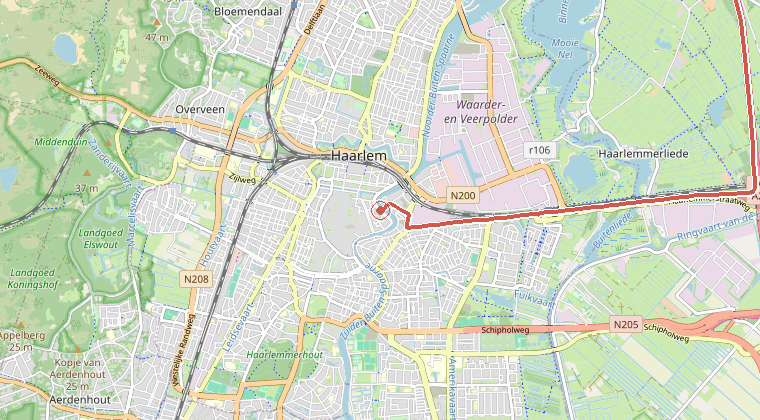 Kaart van de omgeving van de melding, met de kazerne die is gealarmeerd