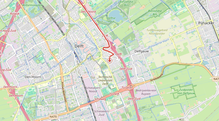 Kaart van de omgeving van de melding, met de kazerne die is gealarmeerd