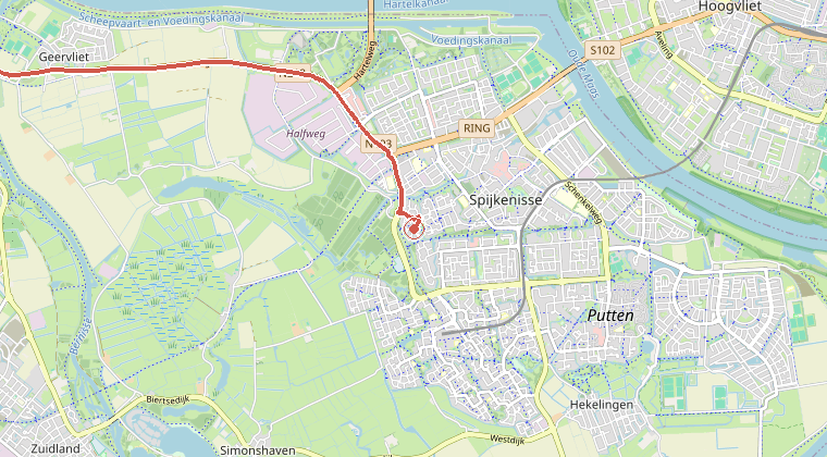 Kaart van de omgeving van de melding, met de kazerne die is gealarmeerd