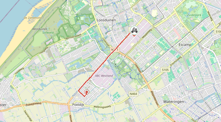 Kaart van de omgeving van de melding, met de kazerne die is gealarmeerd
