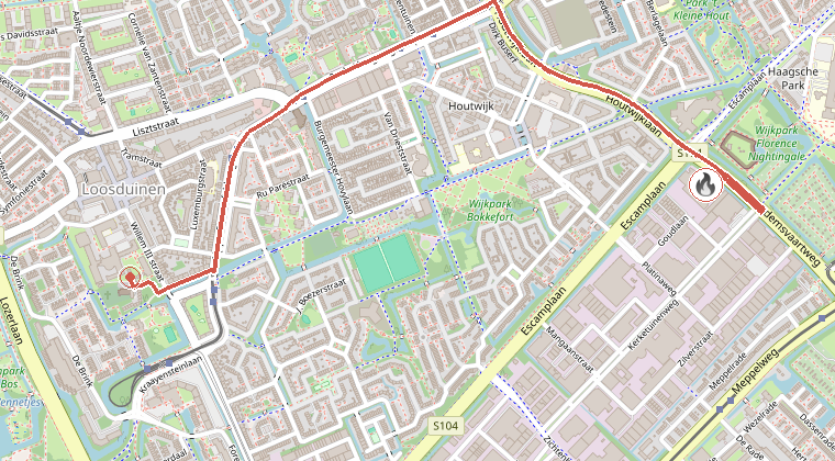 Kaart van de omgeving van de melding, met de kazerne die is gealarmeerd