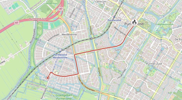 Kaart van de omgeving van de melding, met de kazerne die is gealarmeerd
