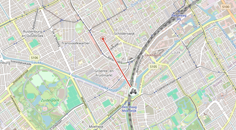 Kaart van de omgeving van de melding, met de kazerne die is gealarmeerd