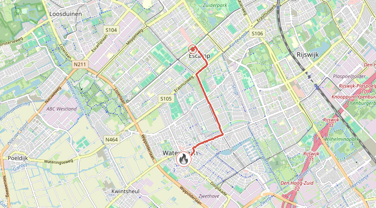 Kaart van de omgeving van de melding, met de kazerne die is gealarmeerd