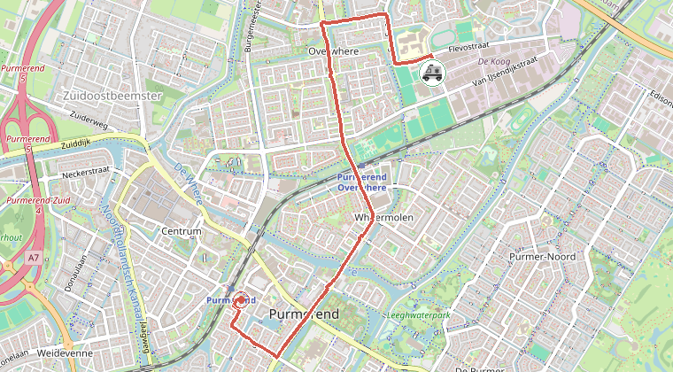 Kaart van de omgeving van de melding, met de kazerne die is gealarmeerd