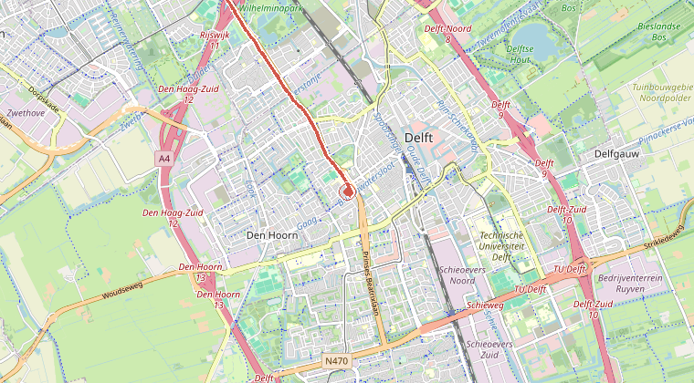 Kaart van de omgeving van de melding, met de kazerne die is gealarmeerd