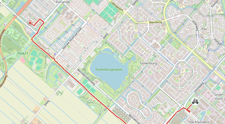 Kaart van de omgeving van de melding, met de kazerne die is gealarmeerd