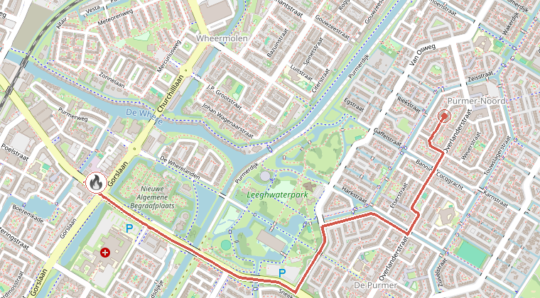 Kaart van de omgeving van de melding, met de kazerne die is gealarmeerd
