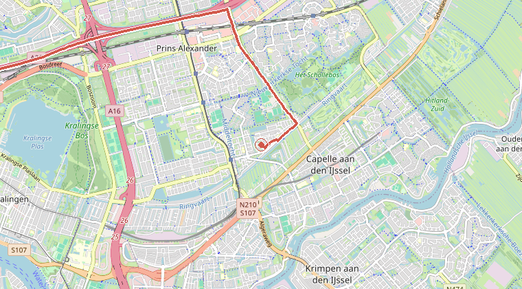 Kaart van de omgeving van de melding, met de kazerne die is gealarmeerd