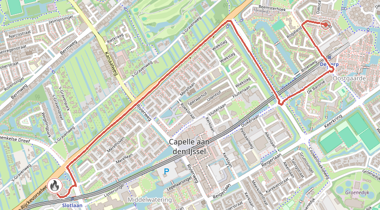 Kaart van de omgeving van de melding, met de kazerne die is gealarmeerd
