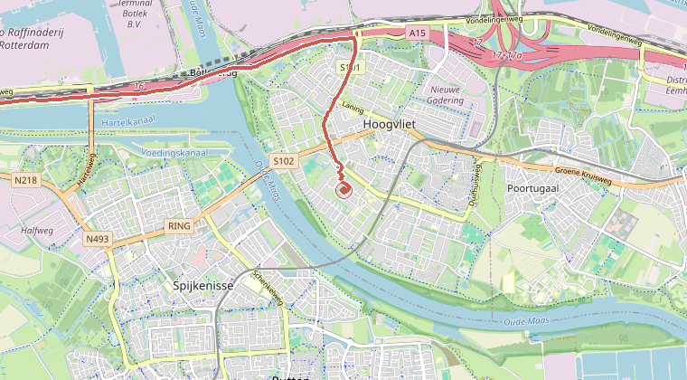 Kaart van de omgeving van de melding, met de kazerne die is gealarmeerd