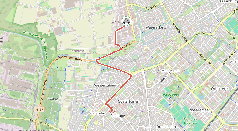 Kaart van de omgeving van de melding, met de kazerne die is gealarmeerd