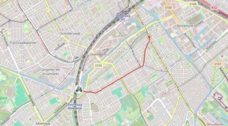 Kaart van de omgeving van de melding, met de kazerne die is gealarmeerd