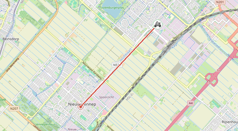 Kaart van de omgeving van de melding, met de kazerne die is gealarmeerd