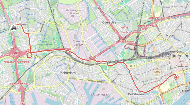 Kaart van de omgeving van de melding, met de kazerne die is gealarmeerd