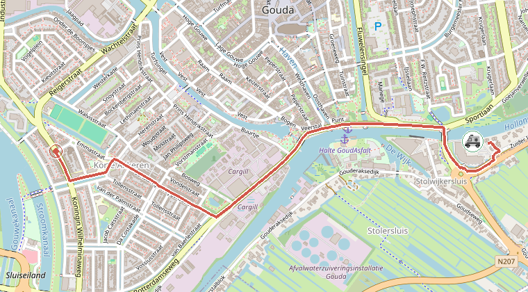Kaart van de omgeving van de melding, met de kazerne die is gealarmeerd