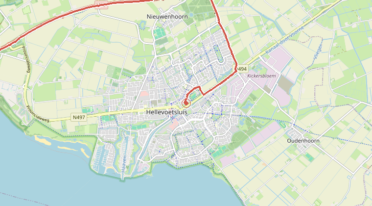 Kaart van de omgeving van de melding, met de kazerne die is gealarmeerd