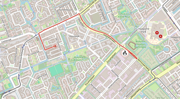 Kaart van de omgeving van de melding, met de kazerne die is gealarmeerd