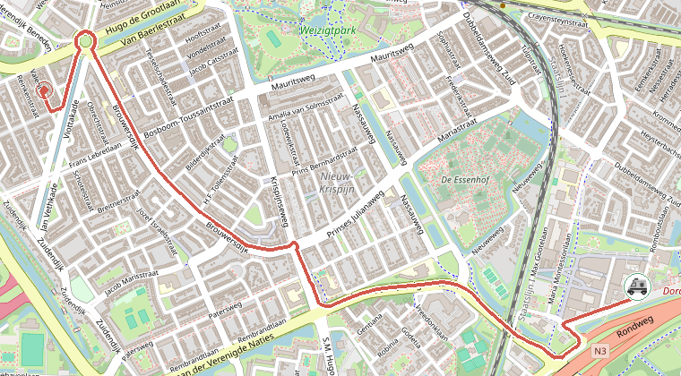 Kaart van de omgeving van de melding, met de kazerne die is gealarmeerd