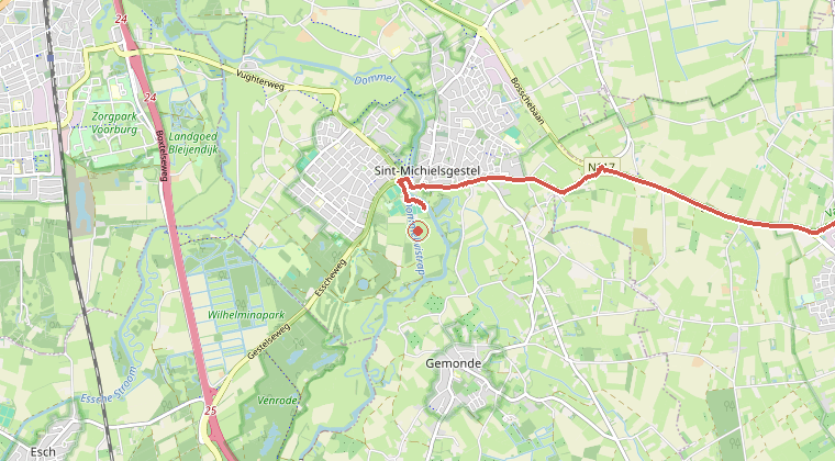 Kaart van de omgeving van de melding, met de kazerne die is gealarmeerd