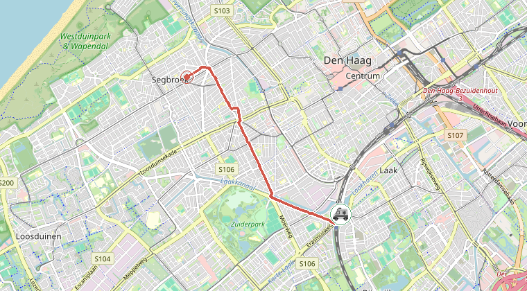 Kaart van de omgeving van de melding, met de kazerne die is gealarmeerd