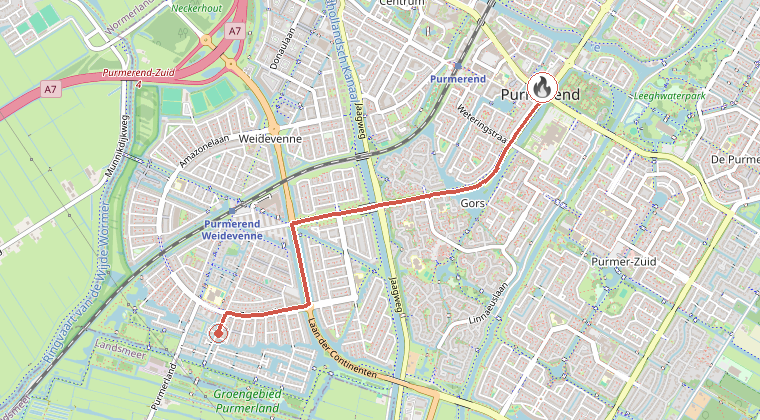 Kaart van de omgeving van de melding, met de kazerne die is gealarmeerd