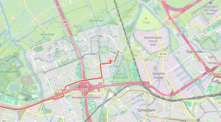 Kaart van de omgeving van de melding, met de kazerne die is gealarmeerd