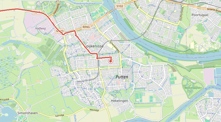 Kaart van de omgeving van de melding, met de kazerne die is gealarmeerd