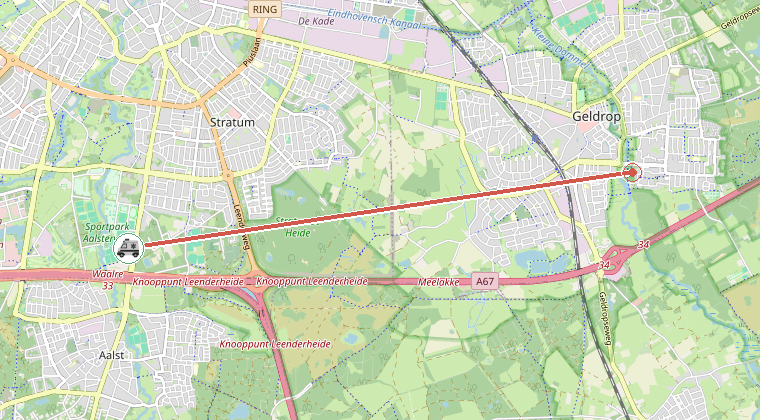 Kaart van de omgeving van de melding, met de kazerne die is gealarmeerd