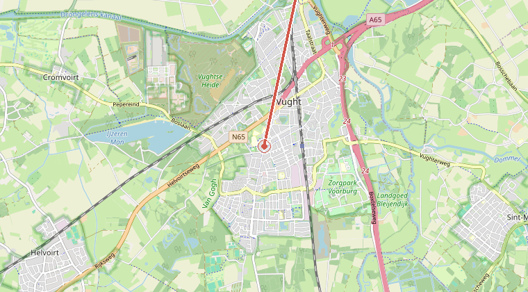 Kaart van de omgeving van de melding, met de kazerne die is gealarmeerd
